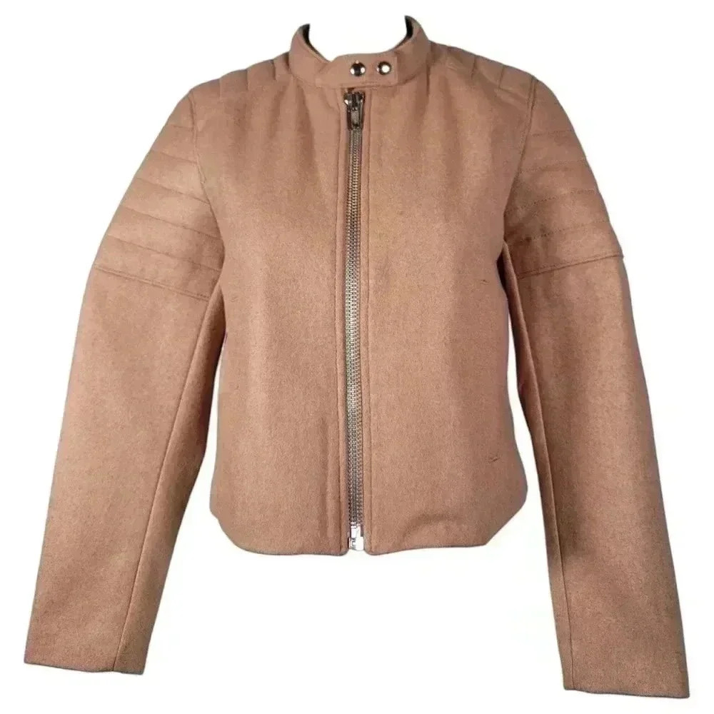 GAP Womens Vintage Moto Biker Wool Blend Tan Quilted Cropped Jacket Coat Small - Picture 2 of 15